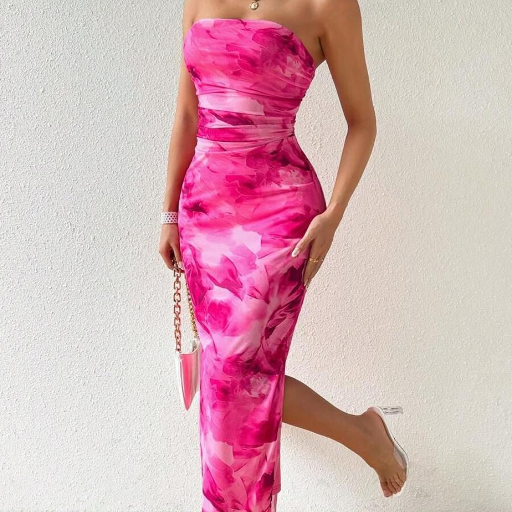 Sexy Strapless Floral Print Sheer Midi Dress Side Slit Bodycon Party Dress Summer Dress for Women Evening Party Outfit
