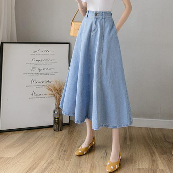 Denim Midi Skirt High Waist Button Zipper Fly A-Line Hem Skirt Solid Color Blue Skirt Office Lady Denim Skirt Daily Wear