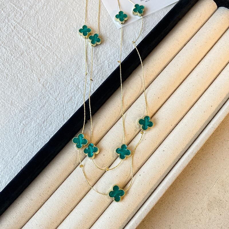 Light Luxury Four-leaf Clover Long Necklace Women with Fall and Winter Sweater Chain High-level Sense of Double Layered Stacked Clothes Pendant