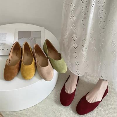 Semelle souple bouche peu profonde fée daim printemps bout rond chaussures de dame françaises vent doux ballerines chaussures de grand-mère douces 2025