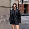 Women Black Brown Soft PU Blazer Shoulder Pads Long Sleeve Single Breasted Loose Casual Jacket Tops Korean Fashion Coat