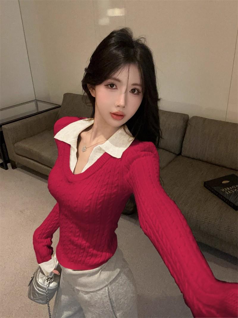 

Hong Kong Style Women s V-Neck Polo Collar Knit Sweater - Autumn/Winter Fashion Trend Medium червоний