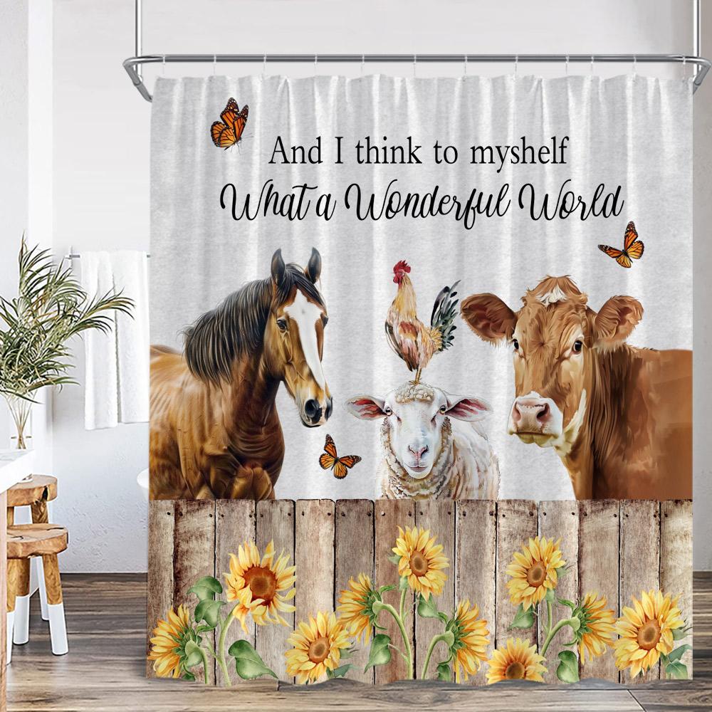 Farm Animal Print Shower Curtainh Funny Highland Cow Donkey Pig Horse Floral Vintage Wooden Plank Fence Retro Bathroom Curtain