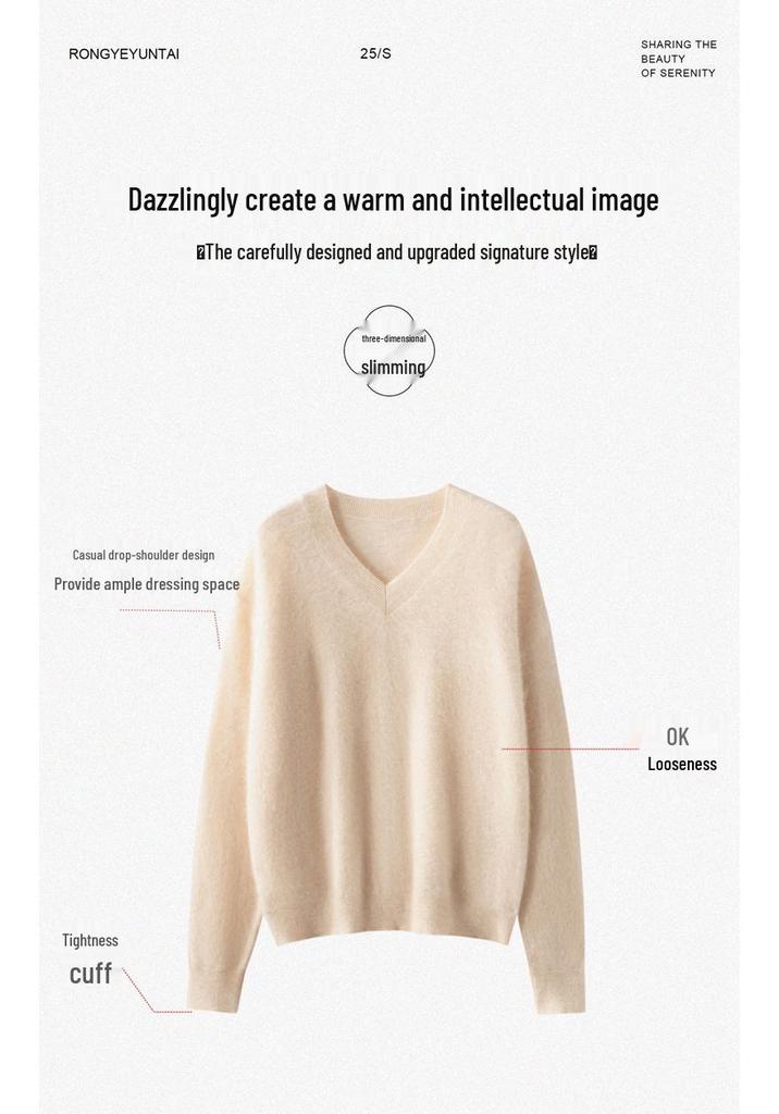 Versatile Cashmere Silk V-Neck Brushed Solid Color Loose Knit Pullover Sweater