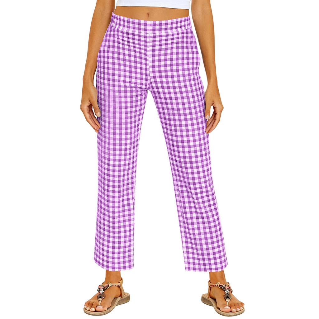 Women's Fashionable Checkered Elastic Waist Straight Leg Casual Pants