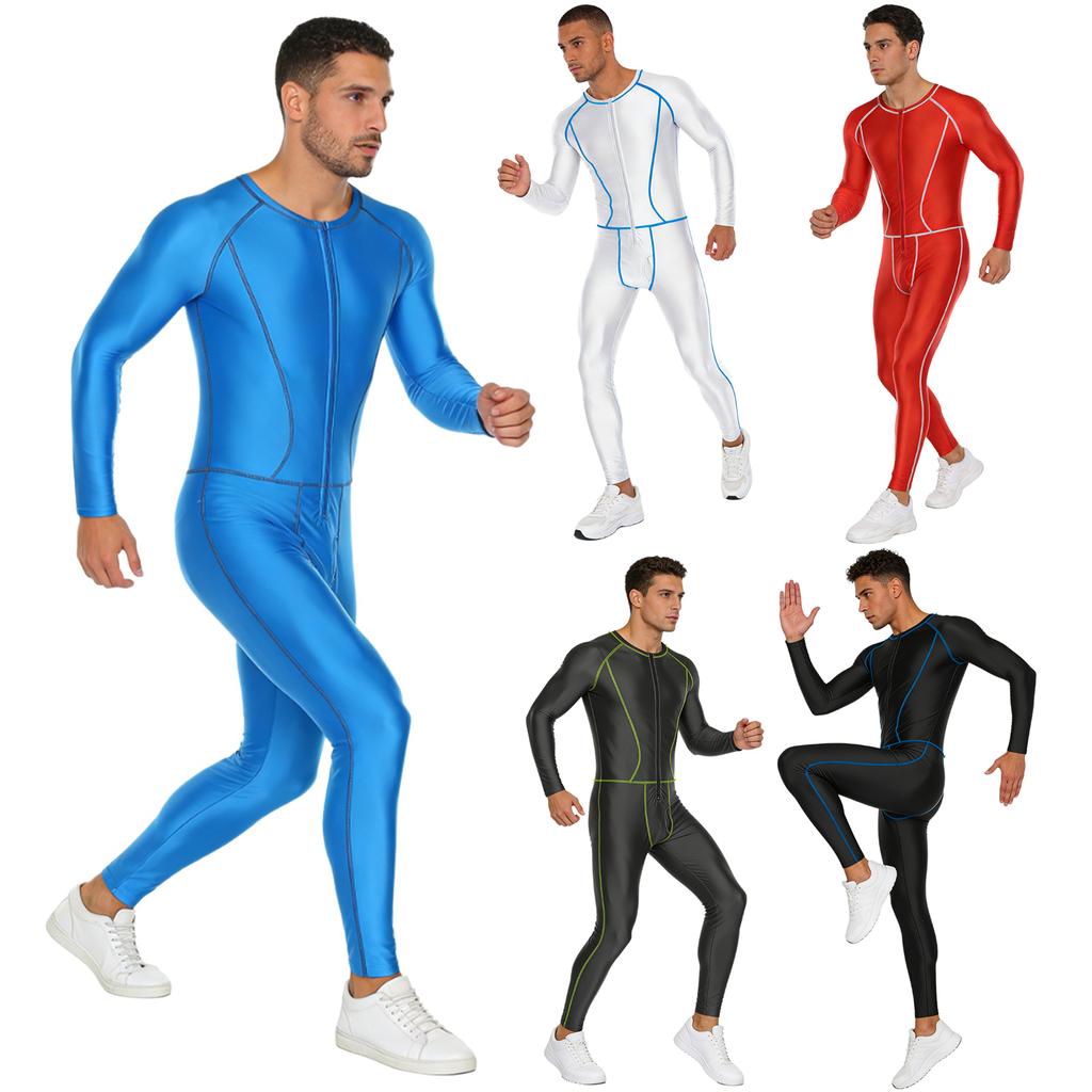 ملابس سباحة رجالية ضاغطة وبدلة رياضية S-3XL: بدلة طويلة لامعة بأكمام طويلة وسحاب أمامي، خياطة مسطحة للراحة
