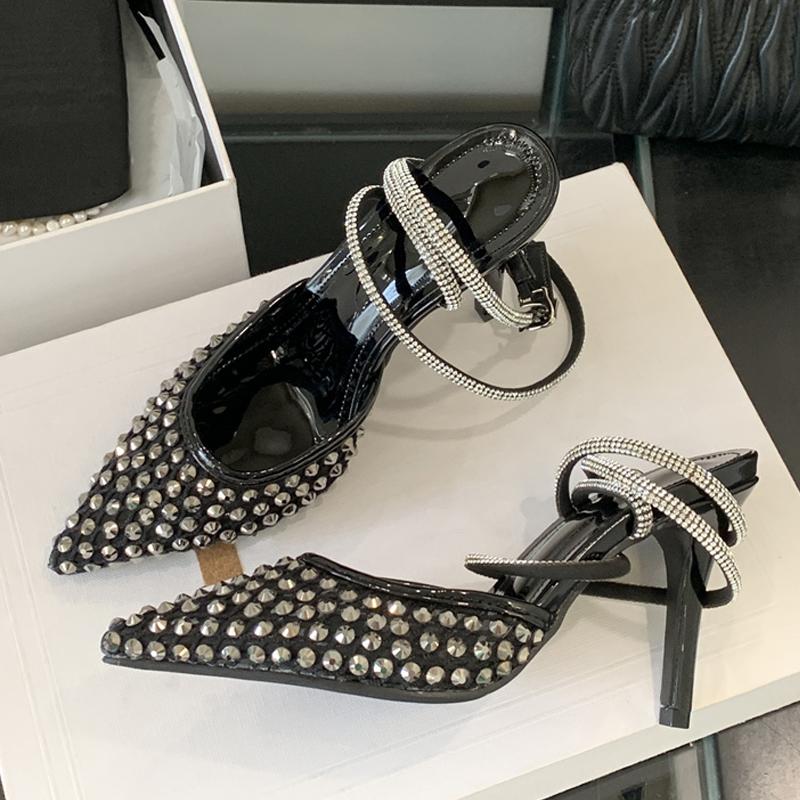 Woman Designer Rhinestone Mesh Pointed Toe Slingback Sandals Crystal Ankle Strap Women Pumps High Heels Party Prom Shoes