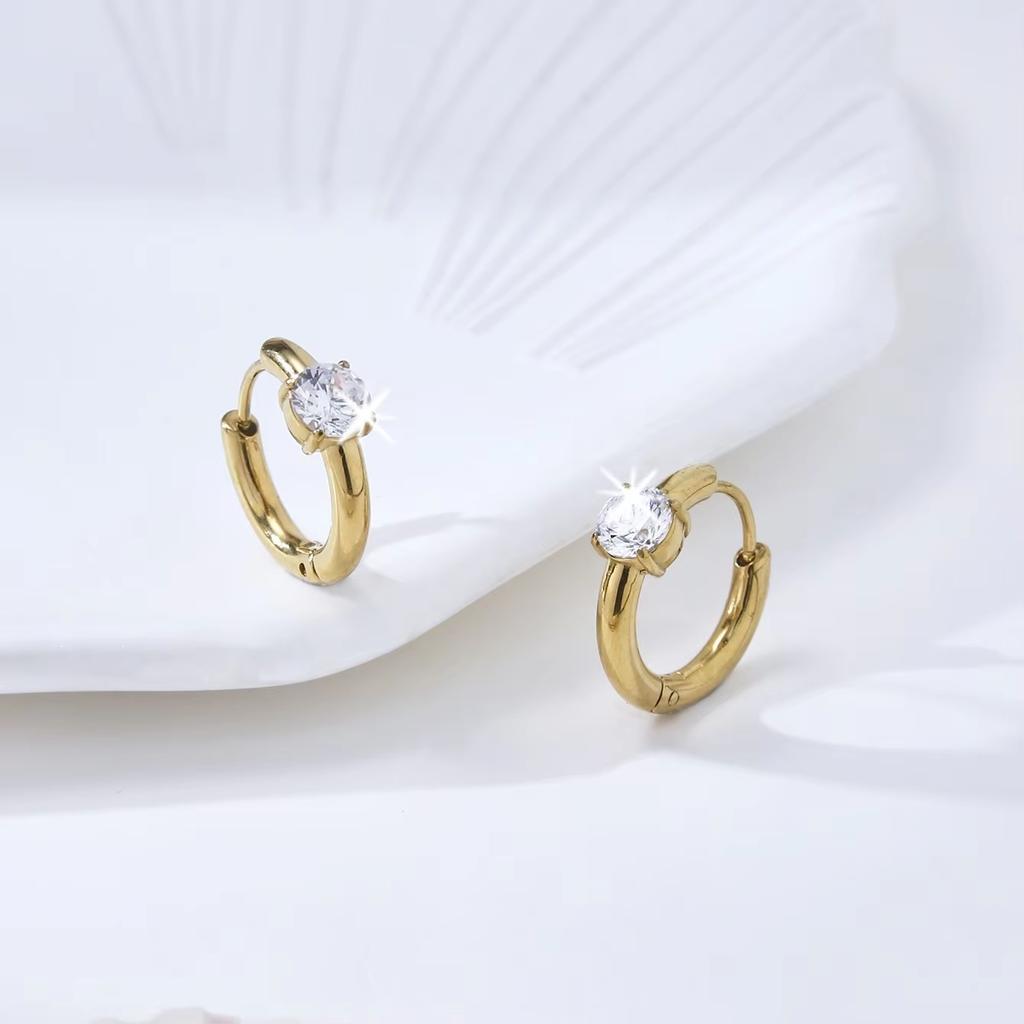 Huibao Trendy Stainless Steel Huggie Earrings 18K Gold Plated Round Cubic Zirconia Hoop Earrings Women Jewelry