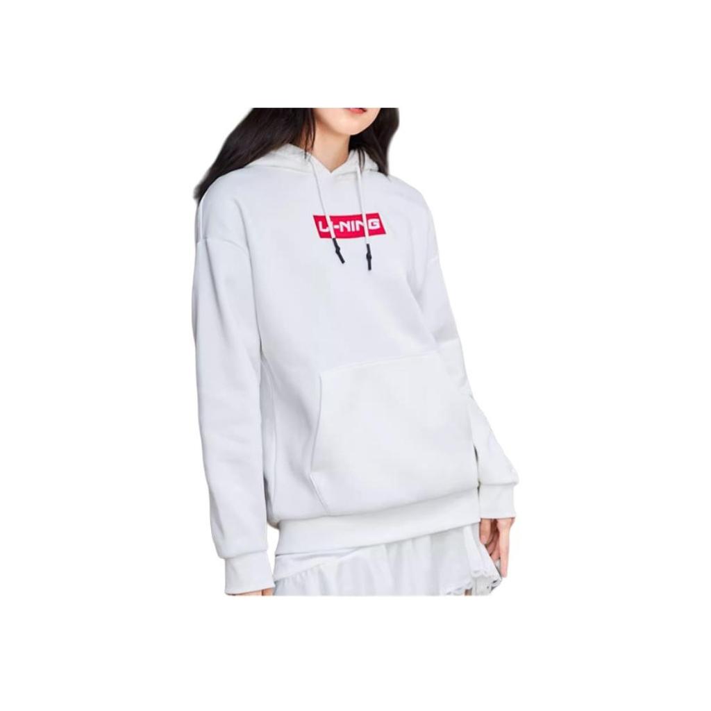 Li-Ning Embroidered Logo Fleece Hooded Long Sleeve Sweatshirt Unisex Sweatshirt White AWDRC33-1