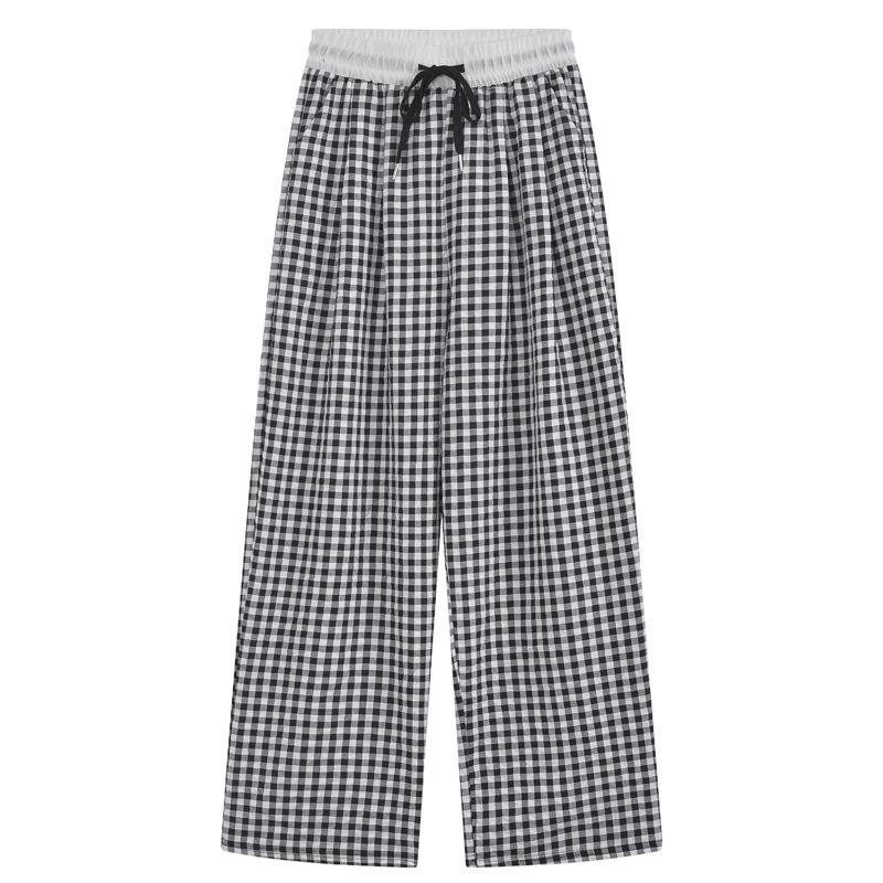 2025 Summer Women's Blue & White Check Fake Two-Piece Wide-Leg Casual Pants