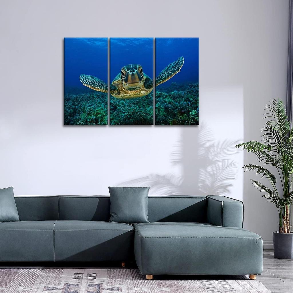 Turtle In the Blue Ocean Canvas Pictures Artwork 3 Panel Marine Life Painting Prints for Bathroom Living Dining Room Kitchen No Frame