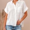Women's Summer Solid Cotton Linen Shirts Office Lapel Short Sleeve Button Up Slit Blouses White Red Tops