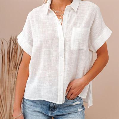 Women's Summer Solid Cotton Linen Shirts Office Lapel Short Sleeve Button Up Slit Blouses White Red Tops