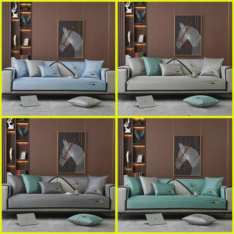 Sommer Neu Einfarbig Sofabezug Modern Minimalistisch Eis Seide Stickerei Sofakissen Kühl Rutschfest Wohnzimmer Sofaschutz