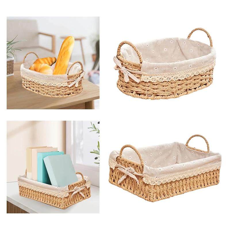 Handmade Handwoven Storage Baskets With Handles Kitchen Organizer Cosmetic Boxes For Bedroom Bathroom Breakfast Fruit Decorative