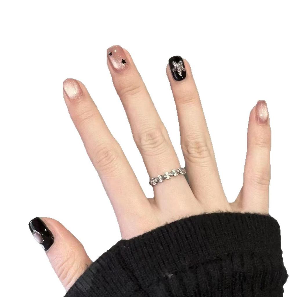 Black Fan Girl Cat Eye Short Nails - Handmade Solid Color Fake Nails for Brides and Students