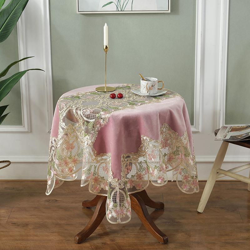 Round Tablecloth Green Golden Velvet Table Cover Dining Table Cloths Embroidery Lace Flower House Towel Chair Cover Dust Cover