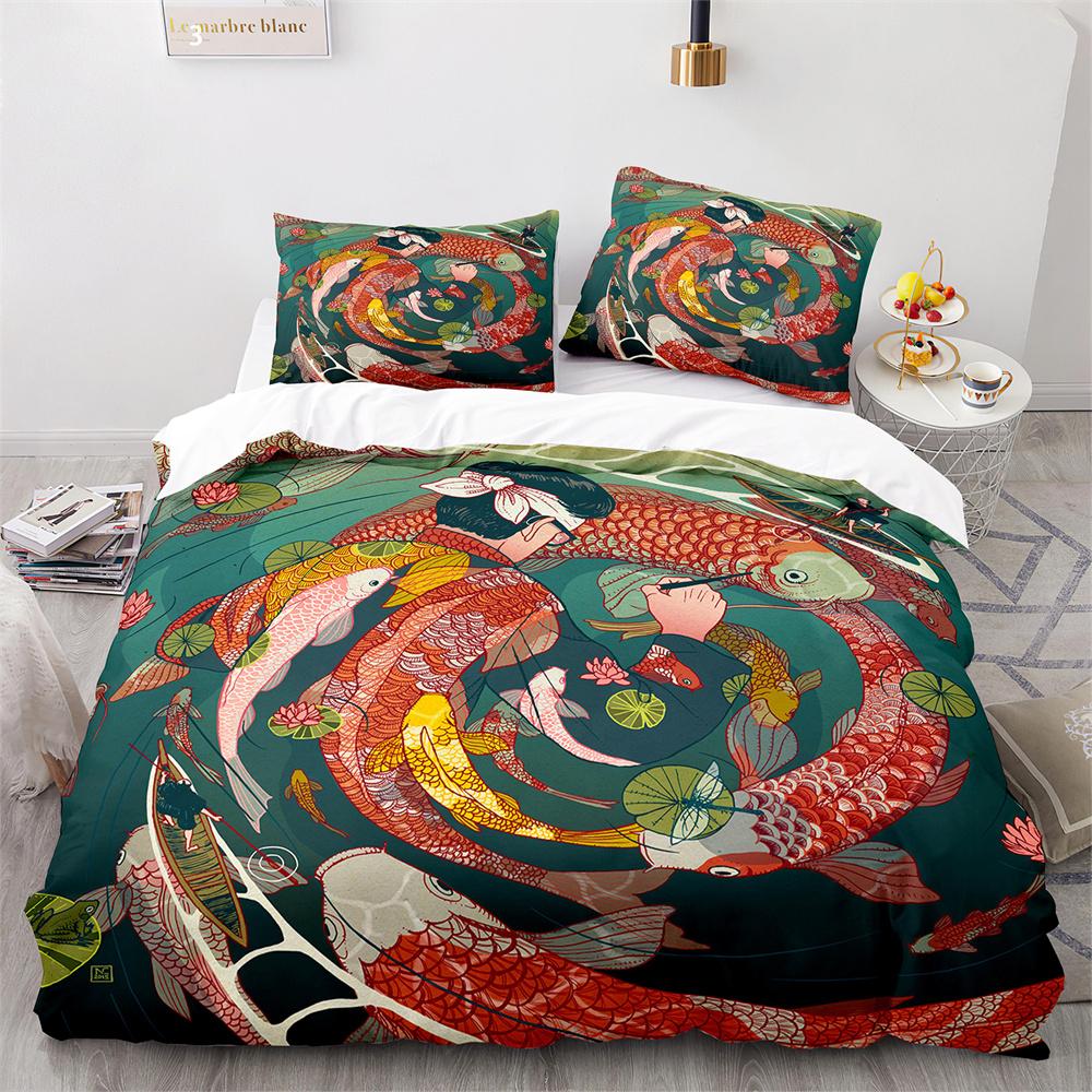 Japanese-Style Bedding Set Ukiyo-e Theme Comforter Cover Sea Wave Red Sun Pattern Decor Duvet Cover For Kids Teen King Full Size