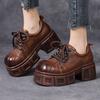 Fashion 7CM New Spring Autumn Women Retro Platform Big Toe Genuine Cow Leather Lace-Up British Style Thick High Heel Casual Single Shoes