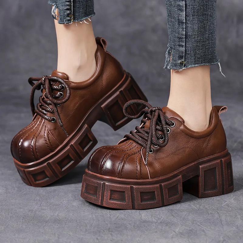 Fashion 7CM New Spring Autumn Women Retro Platform Big Toe Genuine Cow Leather Lace-Up British Style Thick High Heel Casual Single Shoes