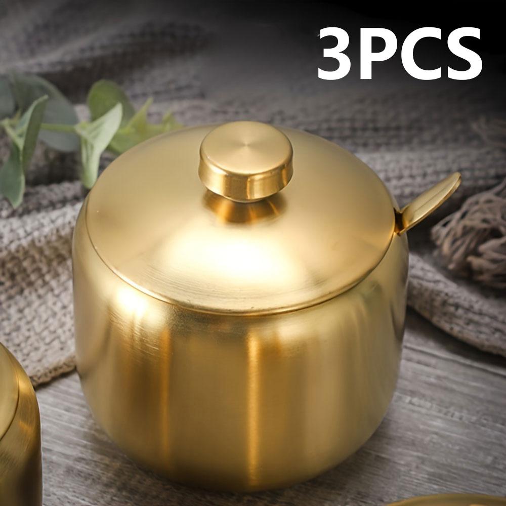 3PCS round handle stainless steel seasoning jar, gold color, kitchen spice jar, seasoning container
