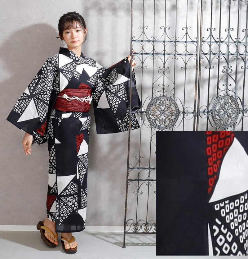 Kimono Hiroba Yu Junior Yukata Set for Sizes and Retro and Modern Kids' 4-Piece Girls, 120, 130, 140, 150cm, Style, [L-8] (150cm)