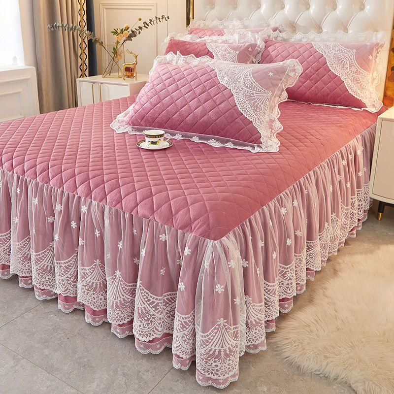 3ks Zesílená podzimní a zimní krajková volánová sukně na postel, Sametová krajková přehoz na postel, Měkká a pohodlná, Ložní prádlo do ložnice a pokoje pro hosty