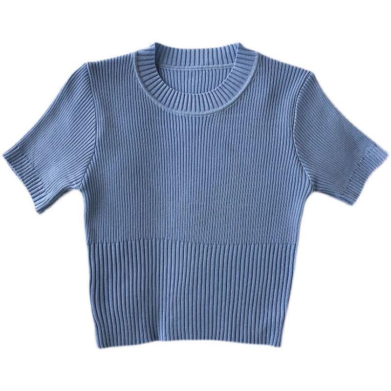 Women's Round Neck Slim-Fit Knitted Pullover: Short Sleeve, Straight Shoulders, Niche Design, Figure-Flattering