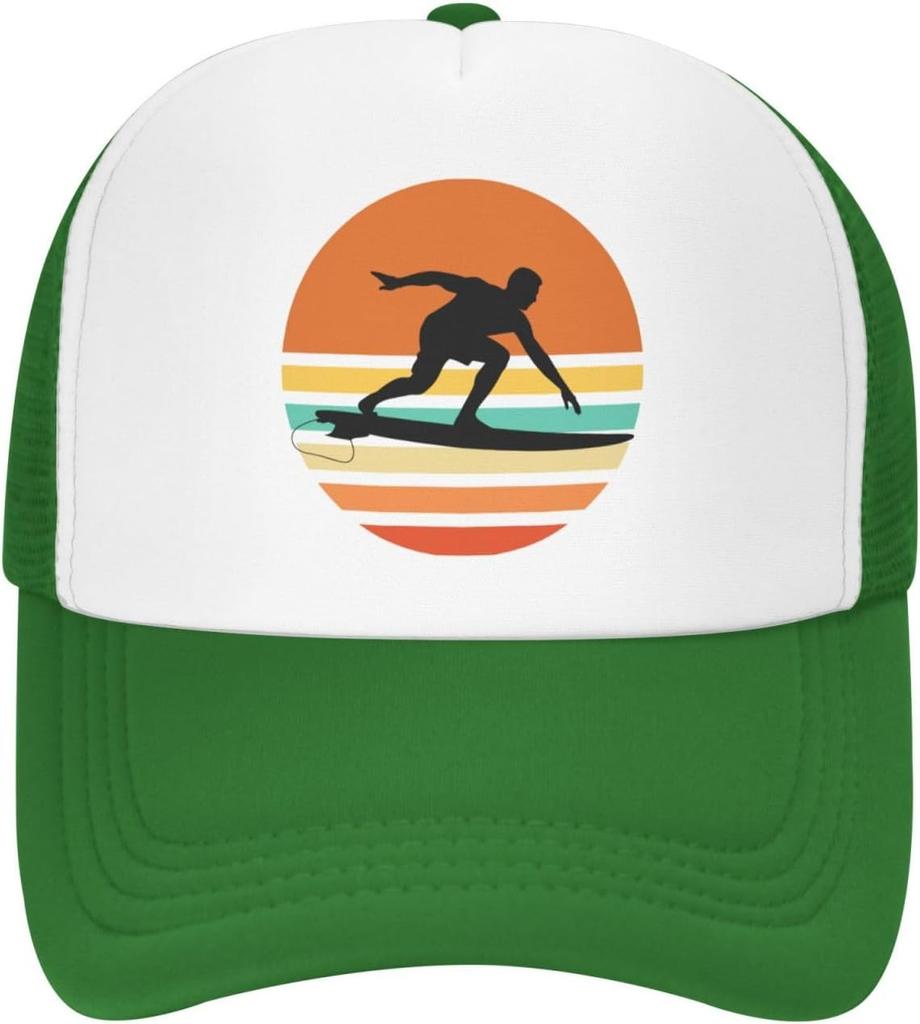 Surfer Sunset Retro Graphic Trucker Hat Polyester Mesh Adjustable Snapback Outdoor Sports Cap for Men Women