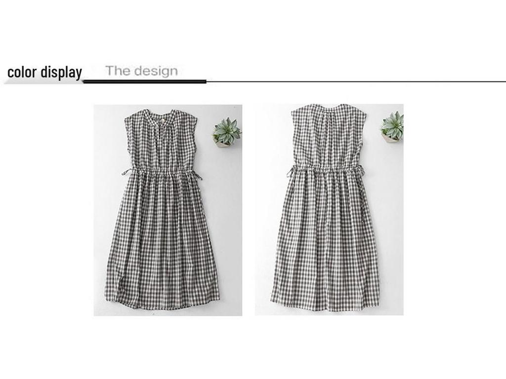 2026 Women's Black & White Plaid Drawstring V-Neck Cotton Sleeveless A-line Summer Dress