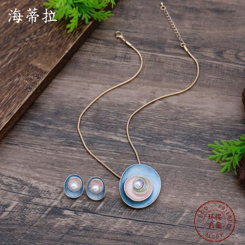 New enamel color irregular flower stud earrings pendant set women's fashion simple petal versatile necklace