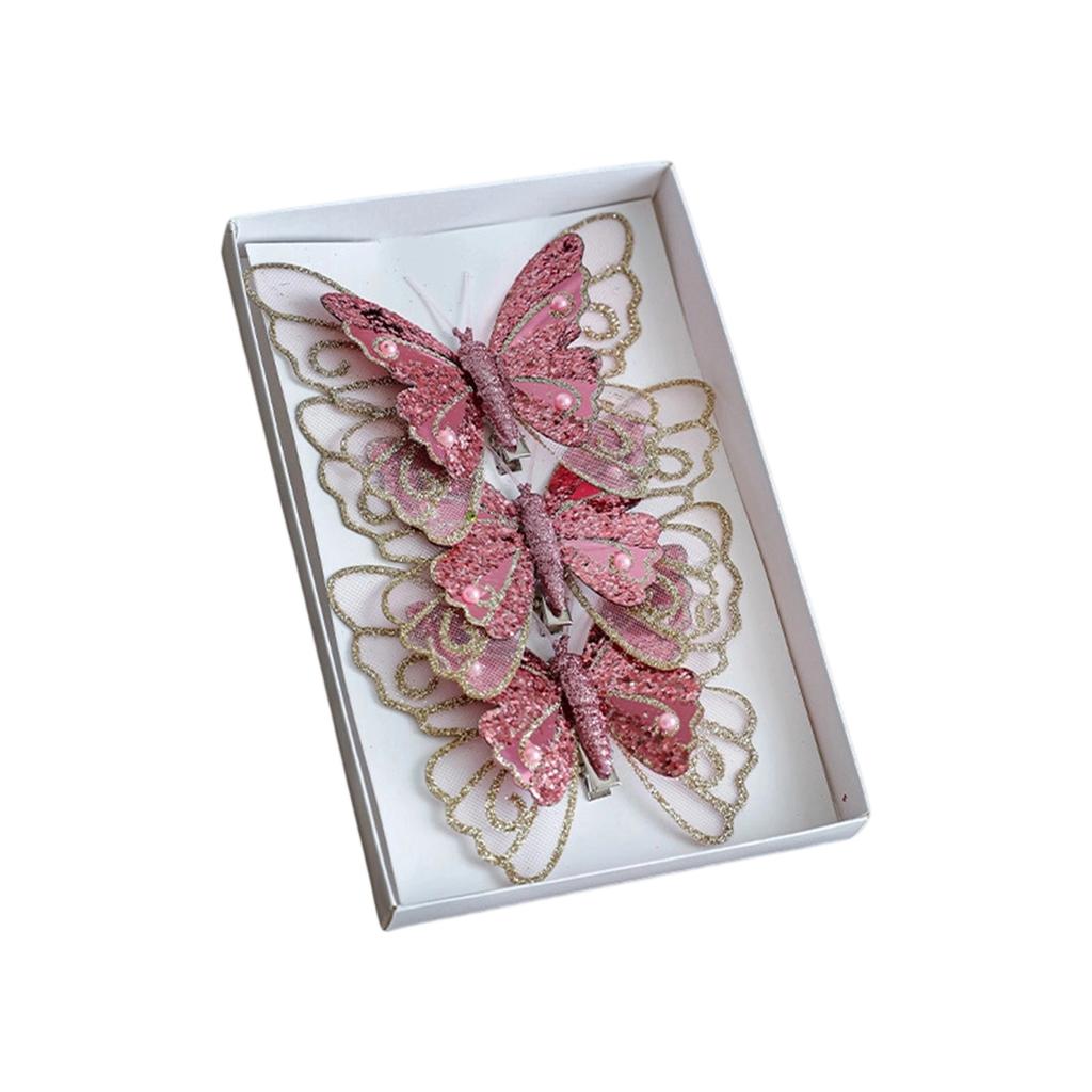Set of 3 Glitter Butterfly Christmas Ornaments Clip-On Decorative Artificial Butterflies for Tree and Holiday Scene Decoration