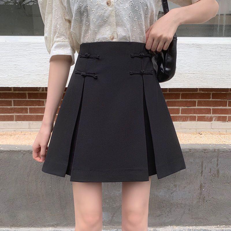 2023 Spring/Summer Black Chinese Style A-line Slimming High Waist Midi Skirt for Women