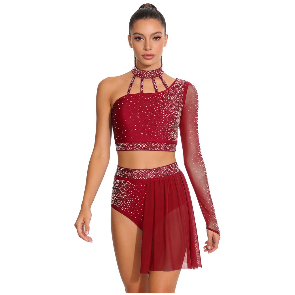 Women's Latin Dance Costume S-XXL: Asymmetrical Halter Top with Single Sleeve & Stappy Back + Rhinestone Mesh Hem Shorts