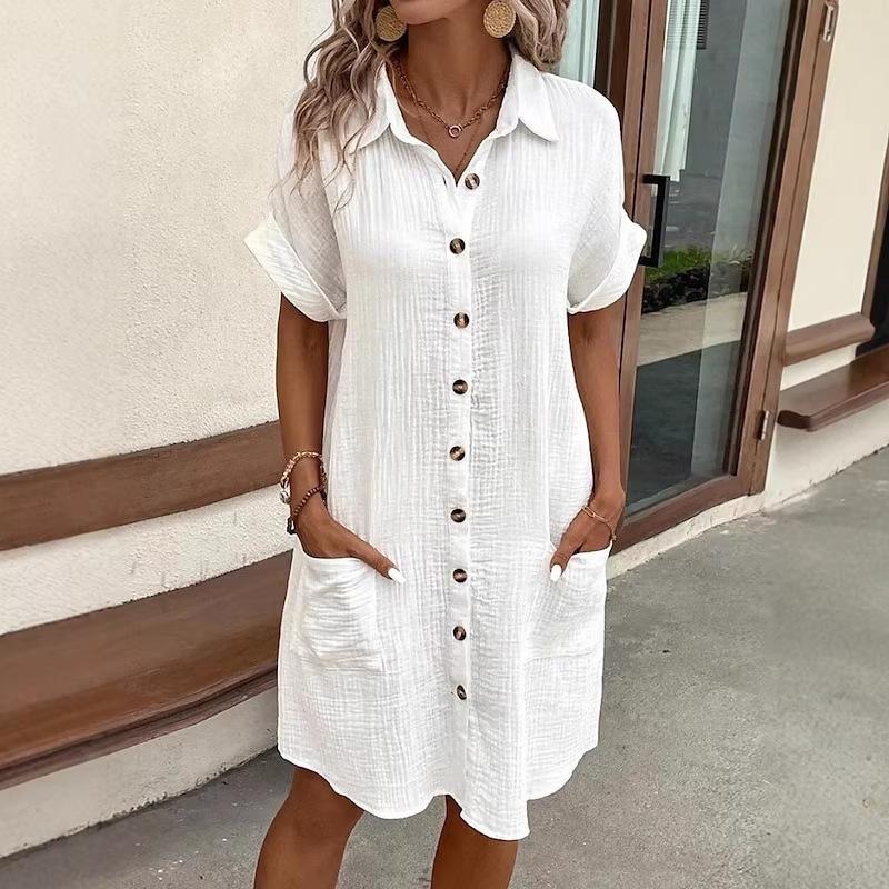 Casual solid color single-breasted medium and long short-sleeved loose casual dress women's clothing