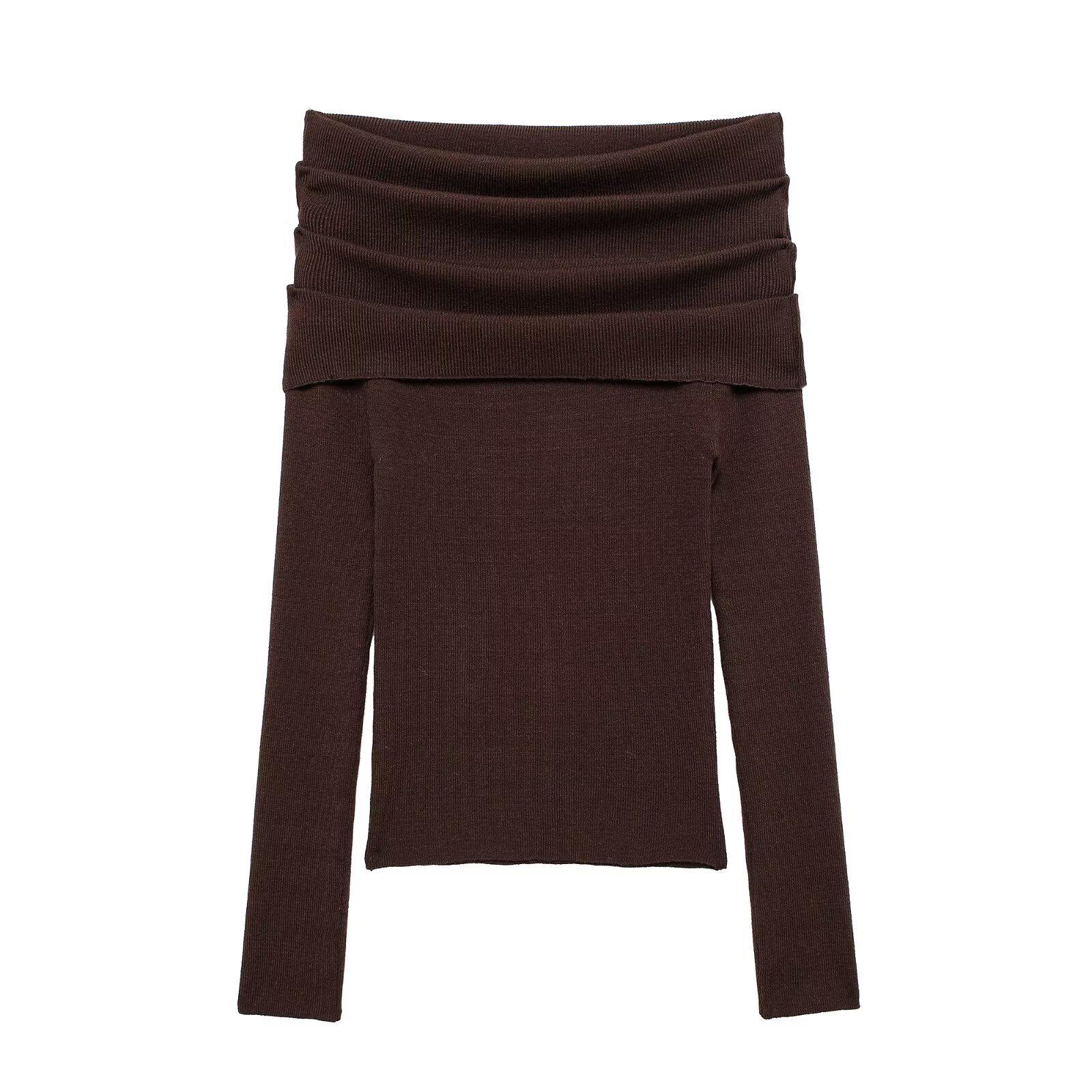 

Весенний пуловер с открытыми плечами, вязаный трикотажем, 2025: Женский облегающий, универсальный, модный топ с длинным рукавом Large каштановый