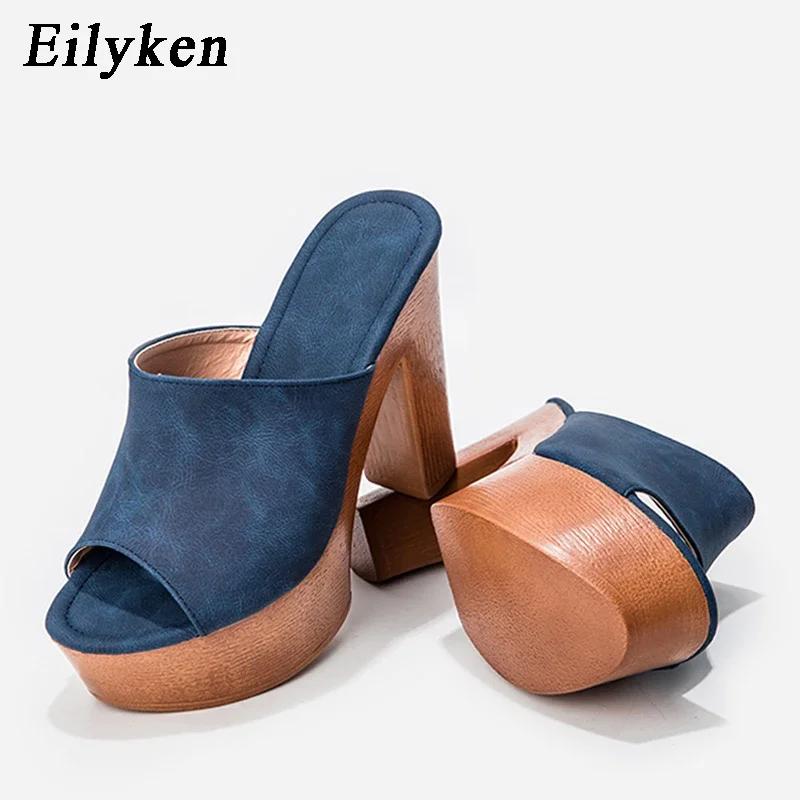 Eilyken Summer Roma Platform Heel Women Slippers Open Toe Wooden Bottom Slides Ladies Shoes