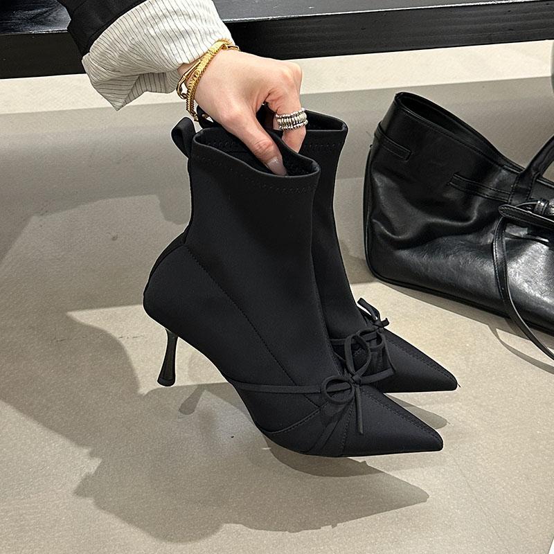 

Fashion Female Butterfly-Knot Ladies Modern Stretch Boots Slip On Shoes Fashion Elastic Women Ankle Boots With Heels Shoes Purple 35 чёрный