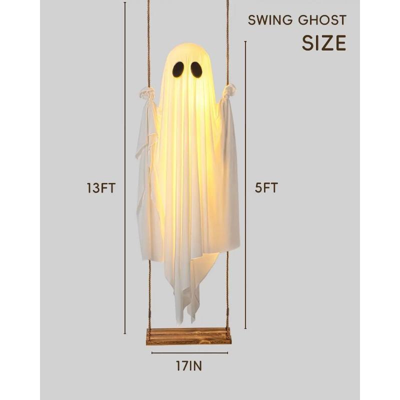 5 FT Large Hanging Swing Ghost Halloween Outdoor Decor with String Lights-Spooky Cute Ghosts Decor for Front Porch Yard Tree