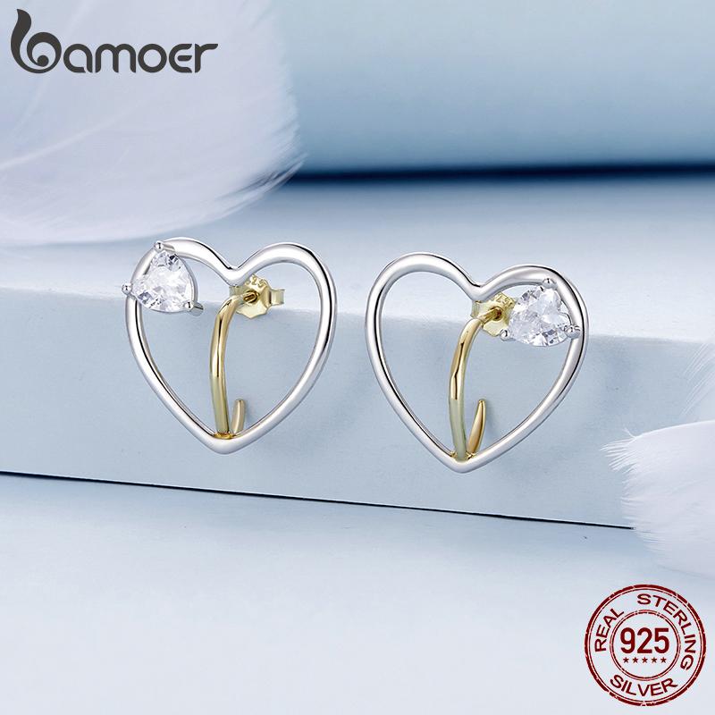 

Серьги-гвоздики BAMOER из стерлингового серебра 925 пробы, позолоченные двухцветные серьги для женщин, вечерние ювелирные изделия с кубическим цирконием 925 silver