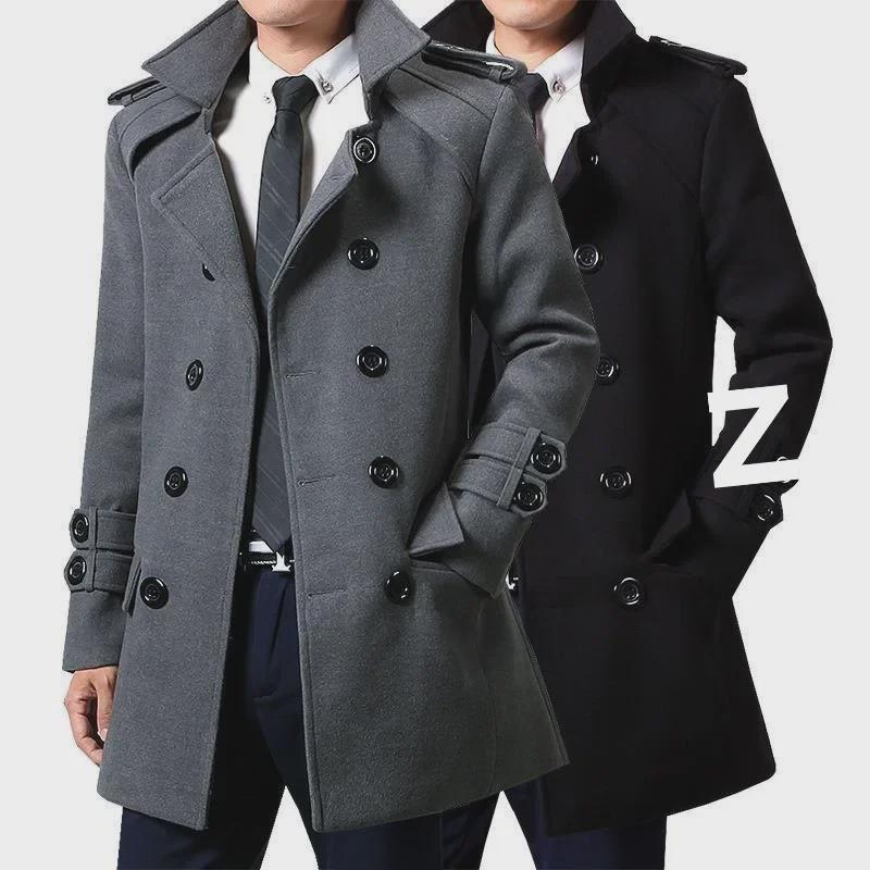 "Men's Woolen Double-Breasted Slim Windbreaker Coat - Korean Style, Autumn/Winter 2022"