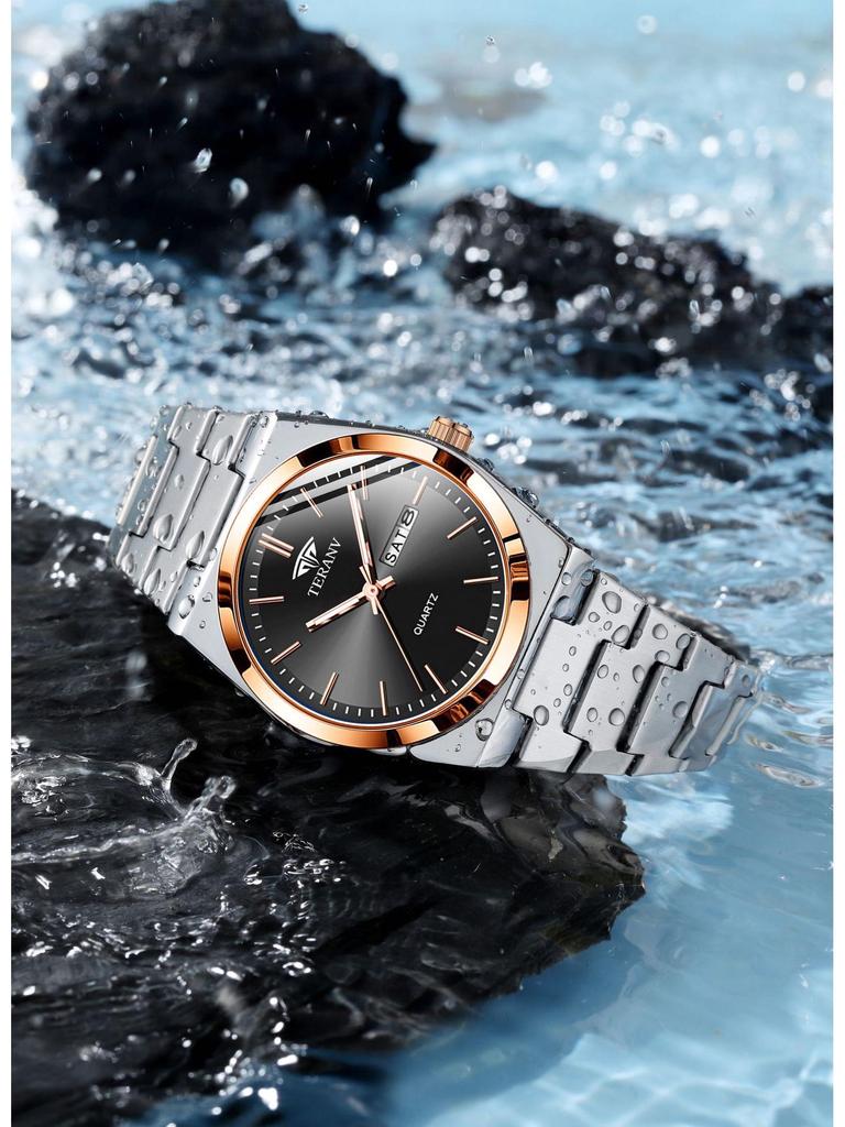 Men's Ultra-Thin Luminous Quartz Watch with Steel Band and Double Calendar, Waterproof.