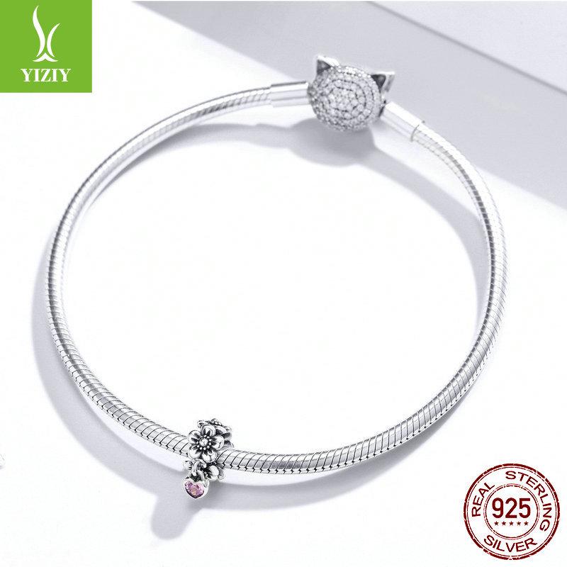 Original DIY Pink Flower S925 Silver Beaded Bracelet Jewelry Accessory SCC1485