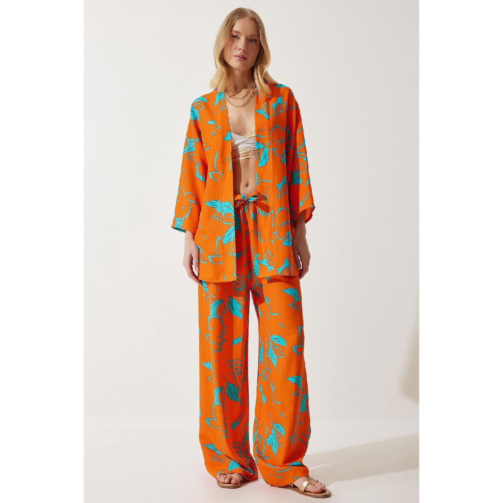 Zestaw damskich spodni kimono palazzo w kolorze pomarańczowym, wzorzystym En00614