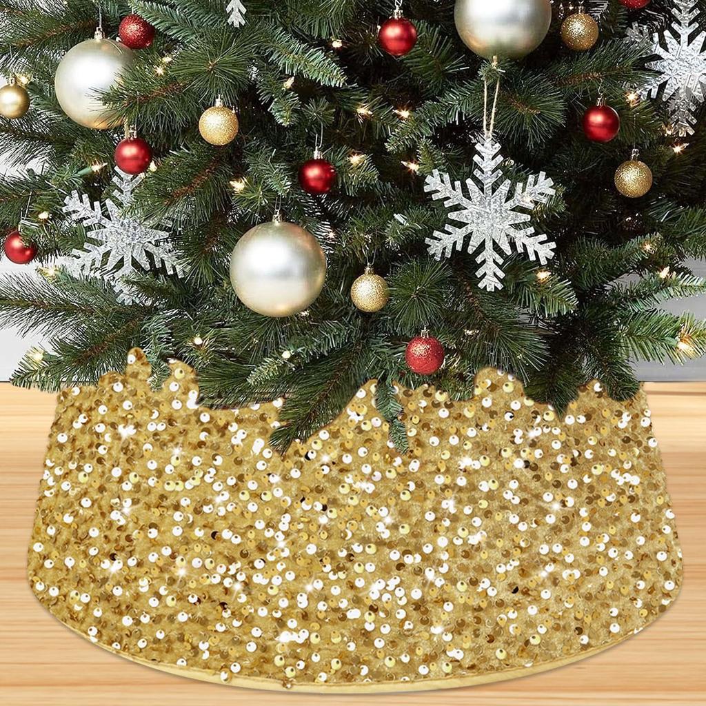 Red Sequins Christmas Tree Collar Sparkly Round Trees Ring Elegant Tree Skirts Collar Embroidered Trees Base Shiny Ornaments