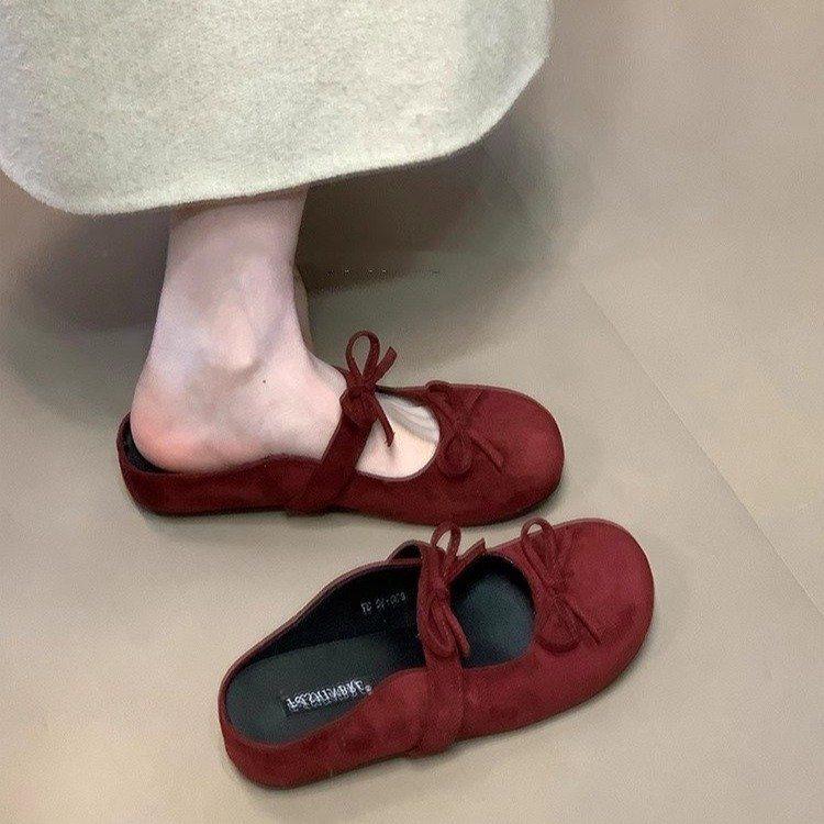 Bow 2025 bag head half slippers femininity Mary Jane shoes shallow mouth flat bottom summer new inner height increase round head