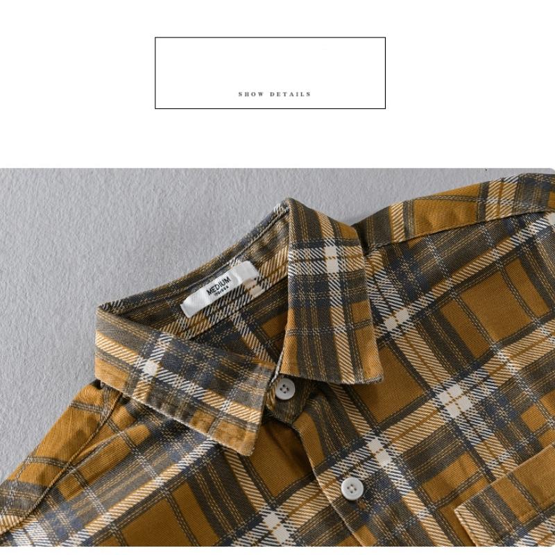 Japanese Style Long Sleeve Plaid Shirt Men Spring Fall Daily Men's Casual Shirt Pocket Turn-down Collar 100Cotton Button Shirt