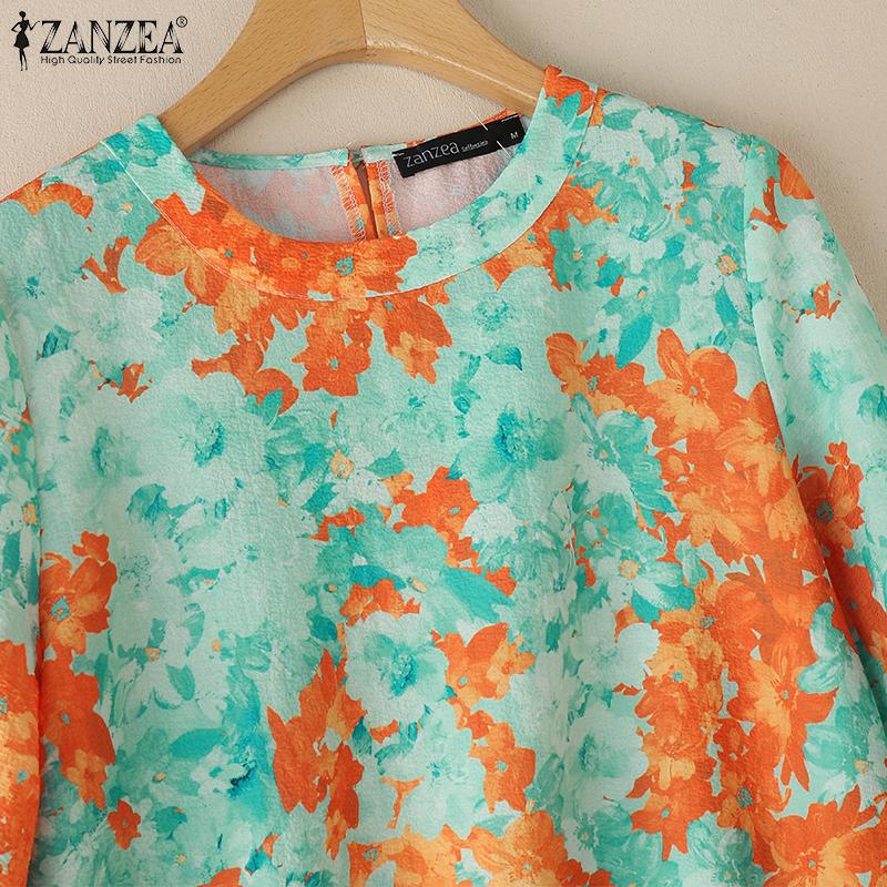 ZANZEA Women Summer Round Neck Casual 3/4 Sleeve Loose Print Blouse