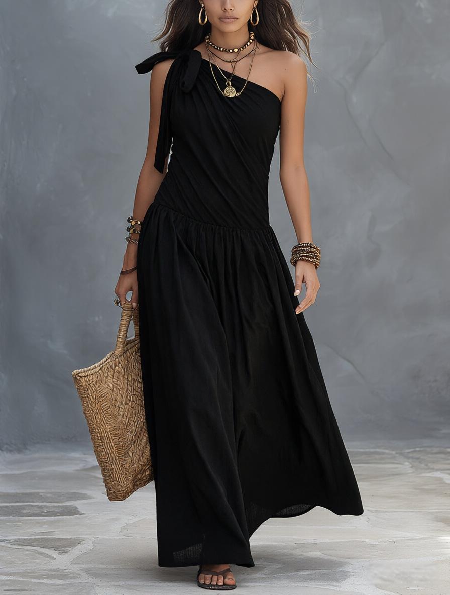New Summer Women s Off-the-Shoulder Halter Neck Pleated Asymmetrical Solid-Color Dress S