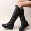 Autumn Winter Fleece-Lined Elegant Heeled Ladies Knee High Shaft Shoes Demi-season Black Leather Round Toe Women's Long Boots